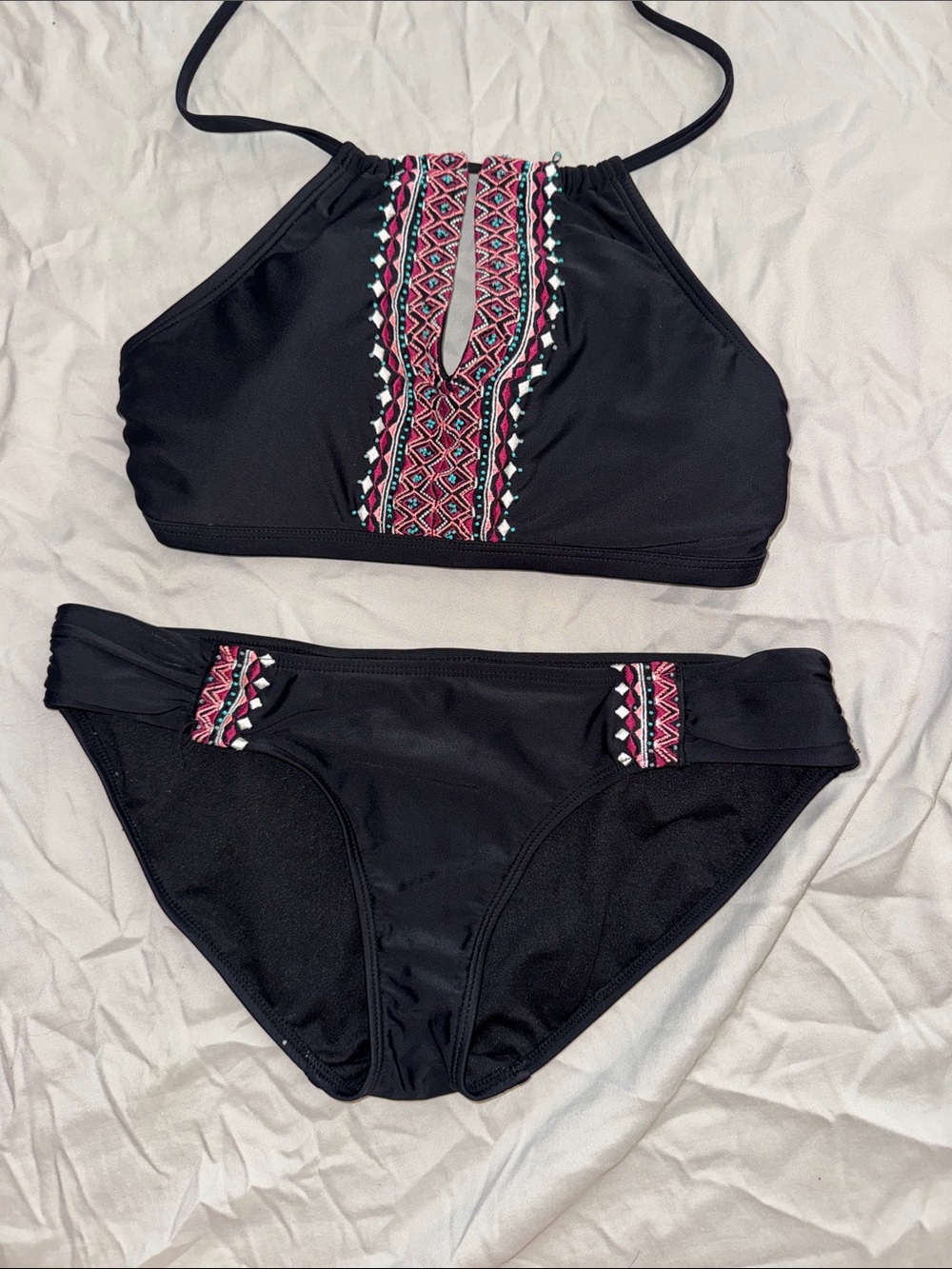 Black Women's Two-Piece High Neck beaded Bikini with Pink Tribal Trim